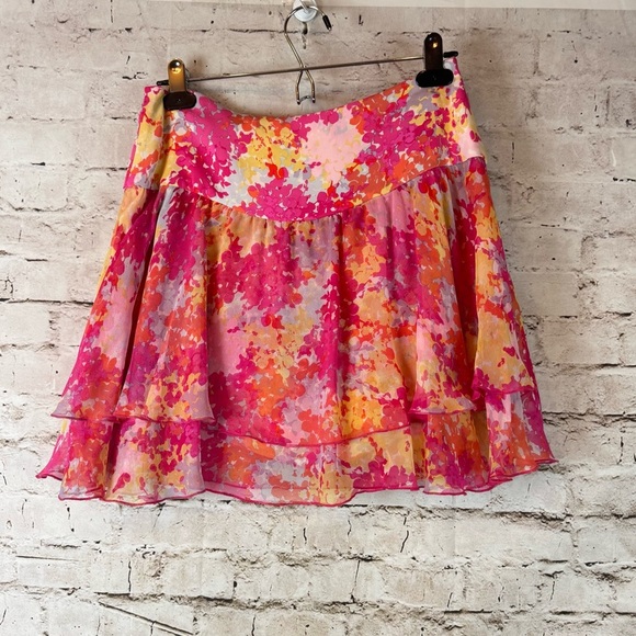 Diane Von Furstenberg Sze 4 100% Silk Tiered Skirt Pink Yellow Orange Floral - Picture 5 of 5